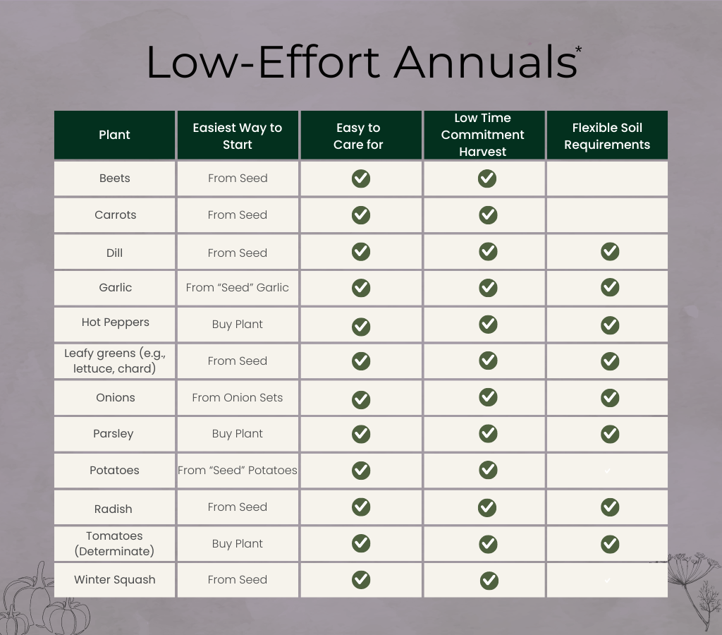 Annuals recommended in the low effort gardening guide.
Includes beets, carrots, dill, garlic, hot peppers, leafy greens, onions, parsley, potatoes, radish, determinate tomatoes, and winter squash.